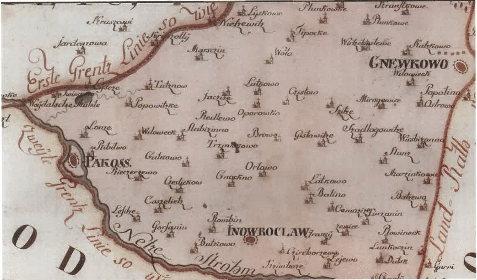 Położenie Łącka na mapie pruskiej z okresu po 1772 r.  [Plan Welchergestalt die Konigl. Preussche Grenze vom dem Gopplow See als dem Uhrsprung der Netze bis an die Weichsel ist Rectiviciret word. Wojewódzka i Miejska Biblioteka Publiczna im. dr. W. Bełzy w Bydgoszczy